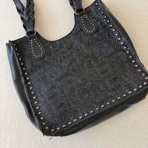 Sam & Hadley Black Embossed Floral Western Studded Tote Bag Braided Straps